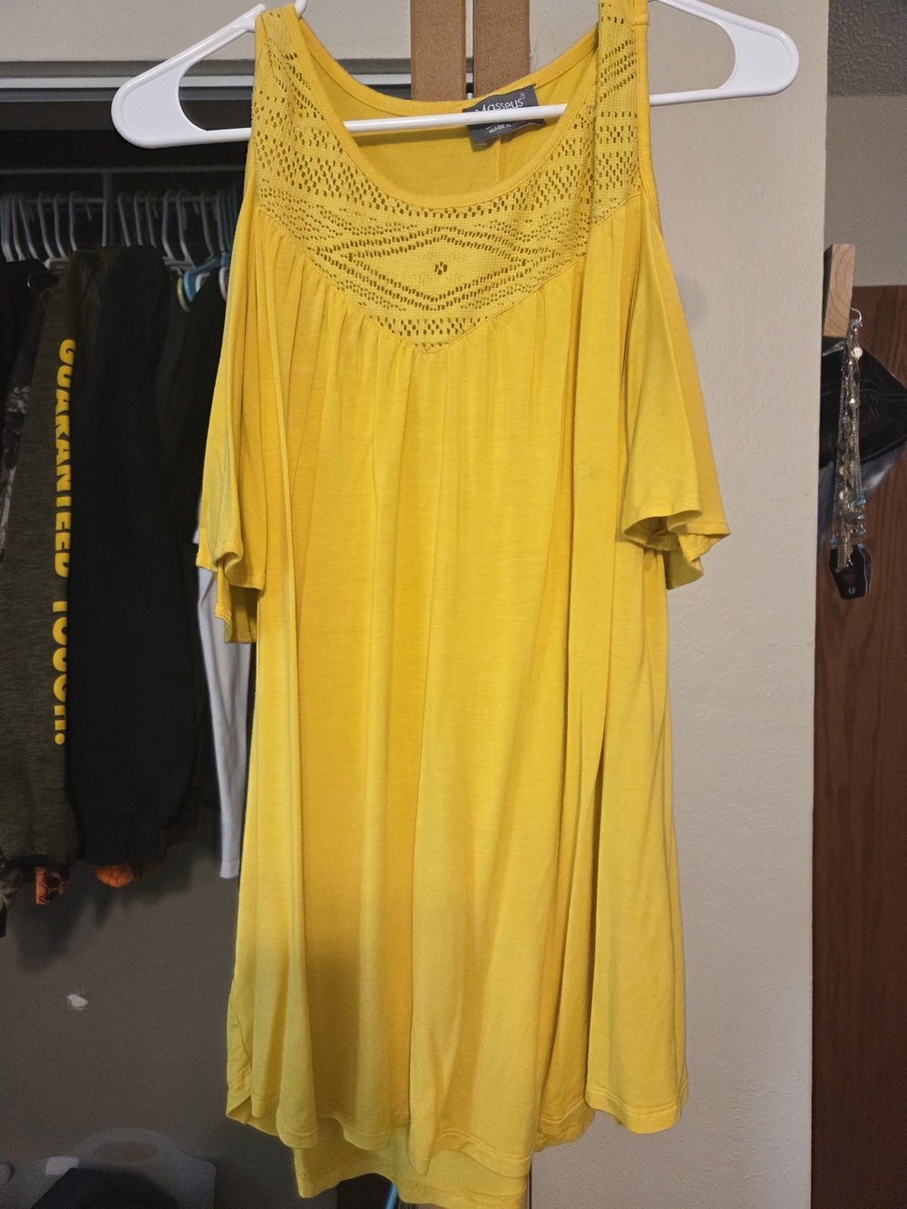 Women's Yellow Cold-Shoulder Crochet Yoke Tunic